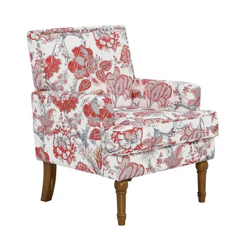 Floral Upholstered Accent Chair with Nailhead Trim and Solid Wood Legs