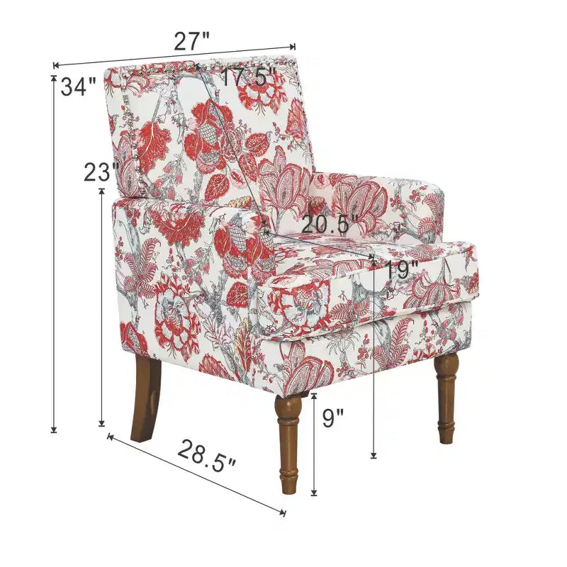 Floral Upholstered Accent Chair with Nailhead Trim and Solid Wood Legs