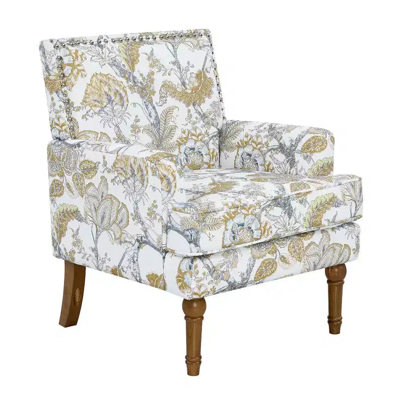 Floral Upholstered Accent Chair with Nailhead Trim and Solid Wood Legs