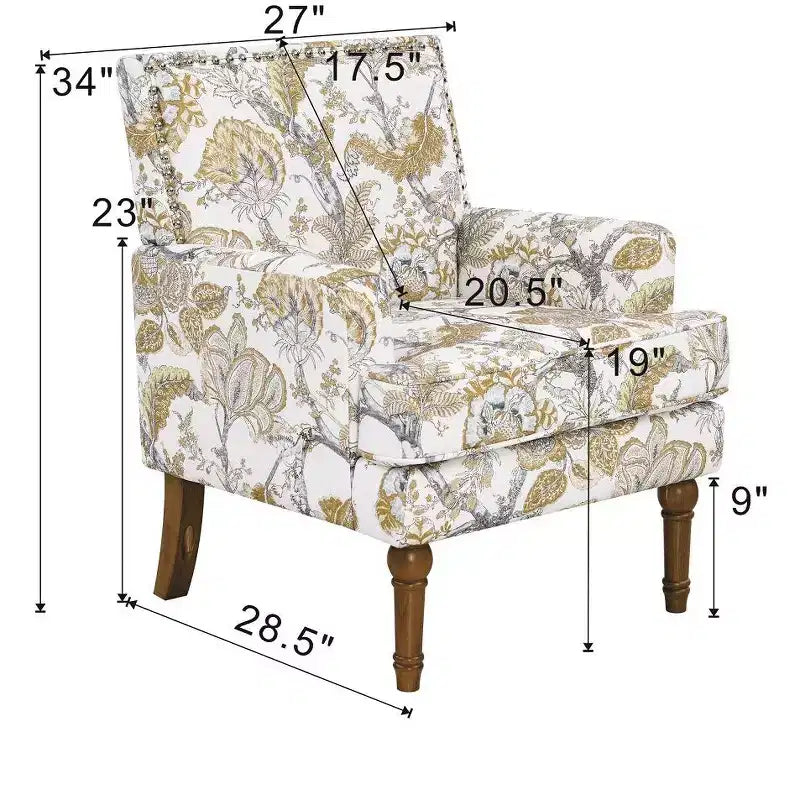 Floral Upholstered Accent Chair with Nailhead Trim and Solid Wood Legs