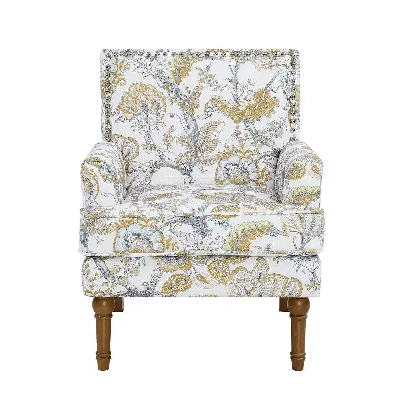 Floral Upholstered Accent Chair with Nailhead Trim and Solid Wood Legs