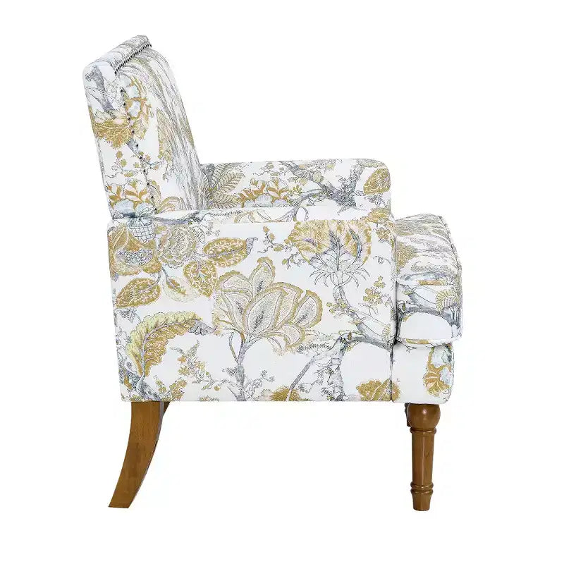 Floral Upholstered Accent Chair with Nailhead Trim and Solid Wood Legs