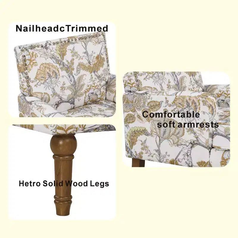 Floral Upholstered Accent Chair with Nailhead Trim and Solid Wood Legs