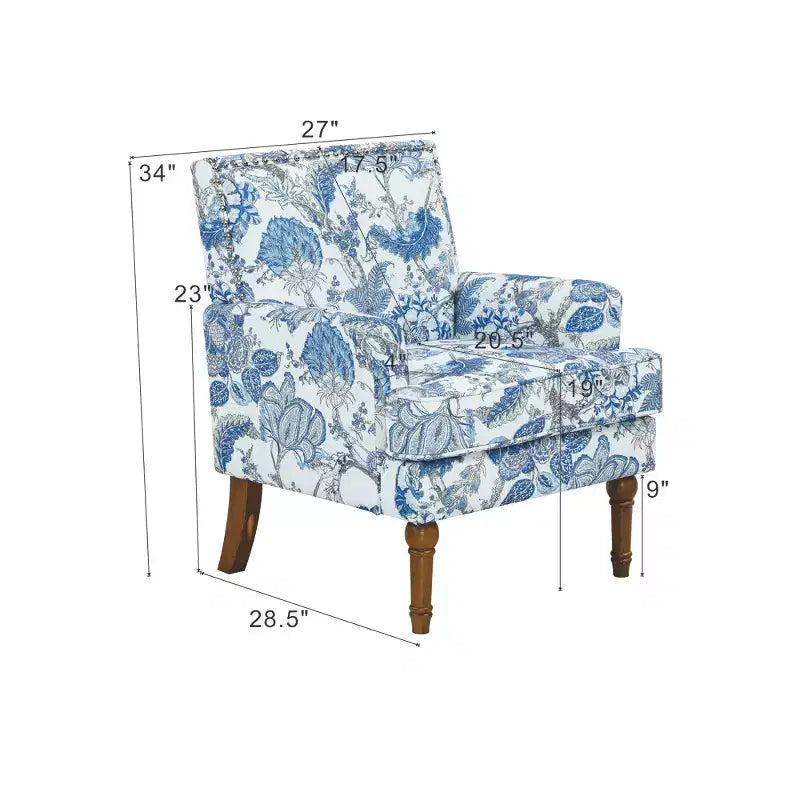Floral Upholstered Accent Chair with Nailhead Trim and Solid Wood Legs