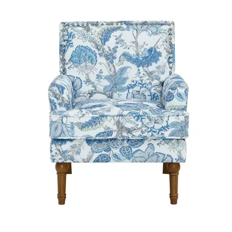 Floral Upholstered Accent Chair with Nailhead Trim and Solid Wood Legs