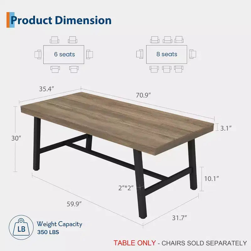 70.87-Inch Industrial Dining Table for 6–8 People – Metal Frame, Wood Top