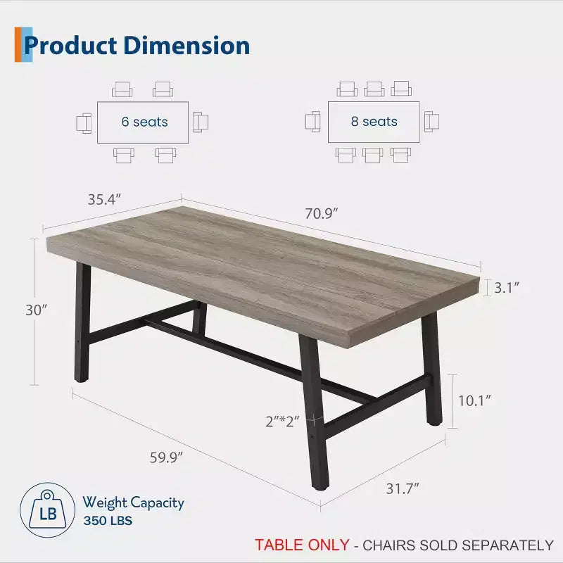 70.87-Inch Industrial Dining Table for 6–8 People – Metal Frame, Wood Top