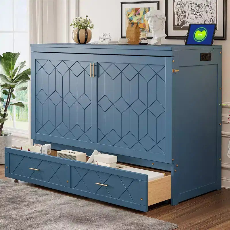 Queen Size Murphy Bed Cabinet with Drawer and Charging Station
