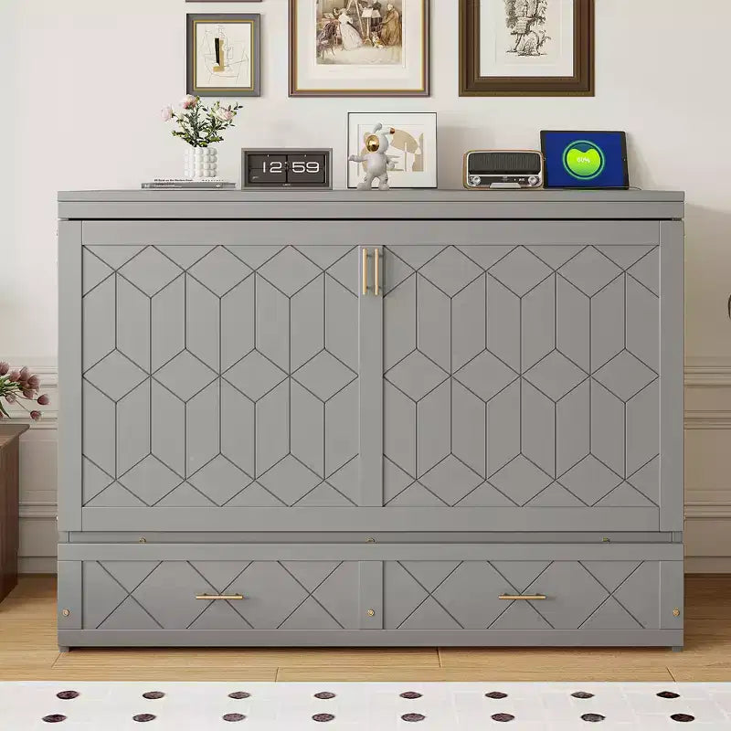 Queen Size Murphy Bed Cabinet with Drawer and Charging Station