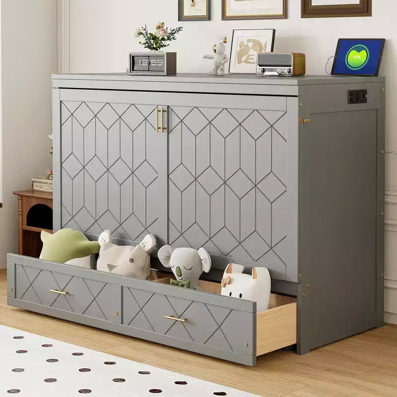 Queen Size Murphy Bed Cabinet with Drawer and Charging Station