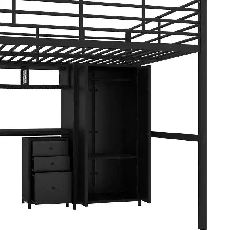 Full Size Metal Loft Bed with Desk, Wardrobe and Storage Ladder – Black
