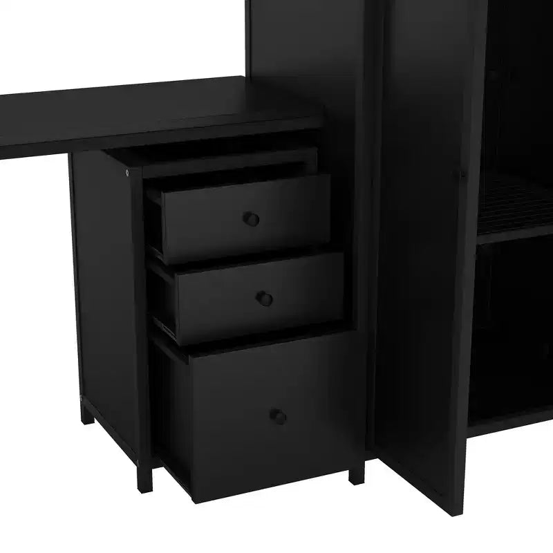 Full Size Metal Loft Bed with Desk, Wardrobe and Storage Ladder – Black