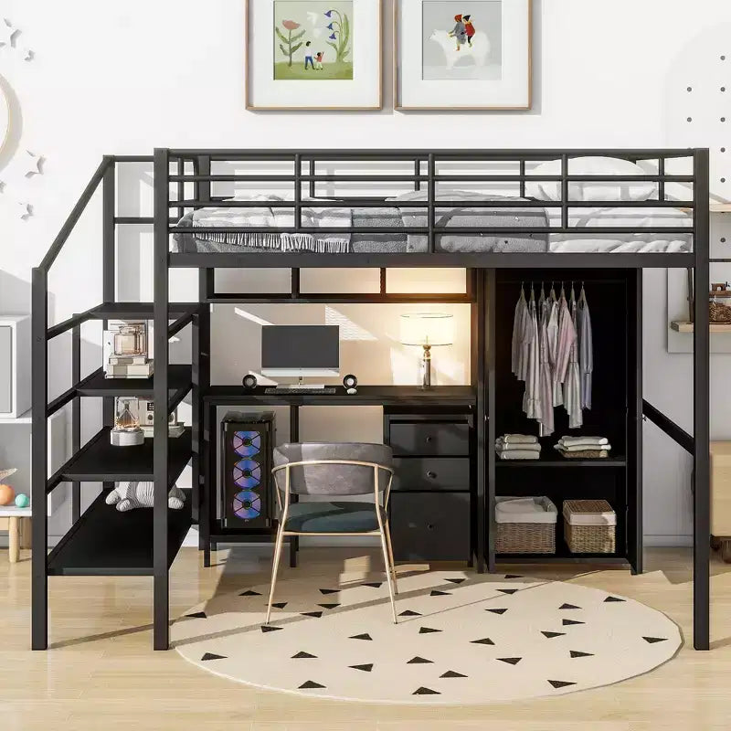 Full Size Metal Loft Bed with Desk, Wardrobe and Storage Ladder – Black