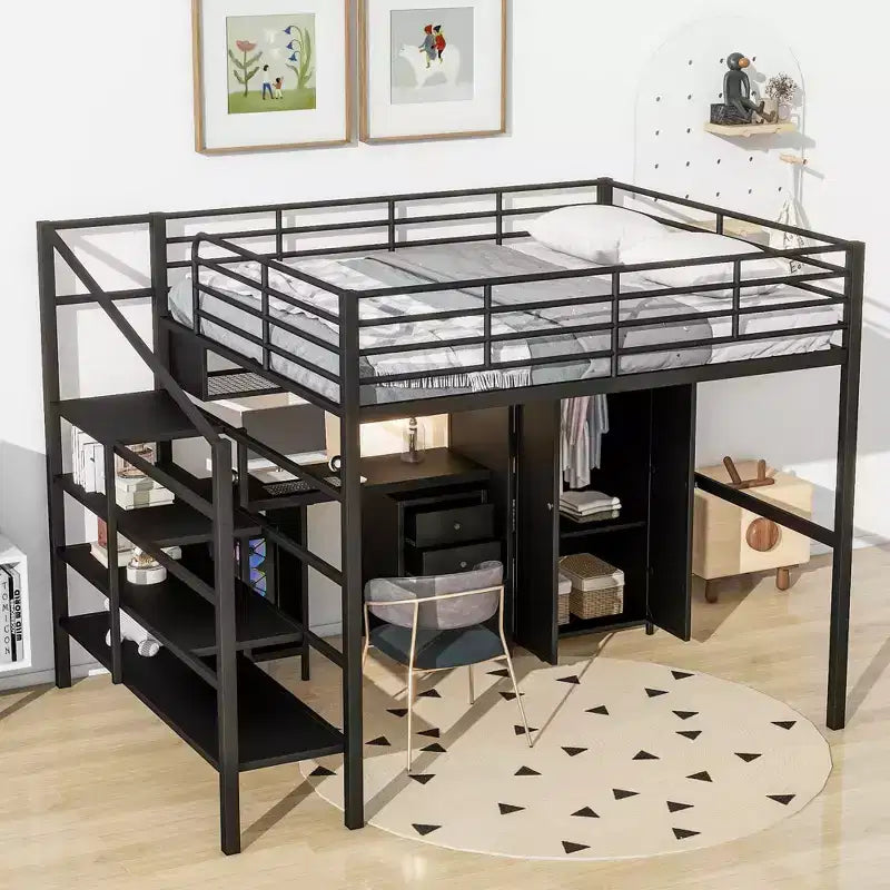 Full Size Metal Loft Bed with Desk, Wardrobe and Storage Ladder – Black