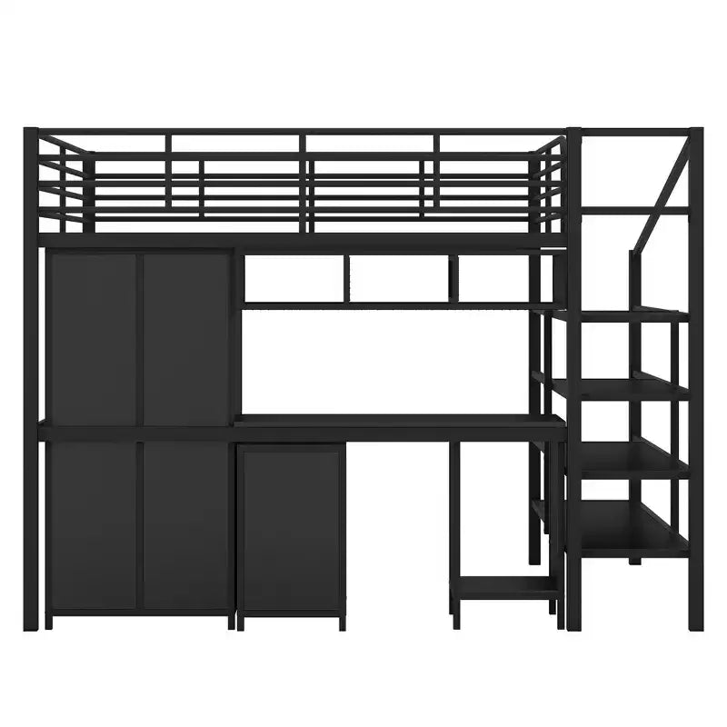 Full Size Metal Loft Bed with Desk, Wardrobe and Storage Ladder – Black