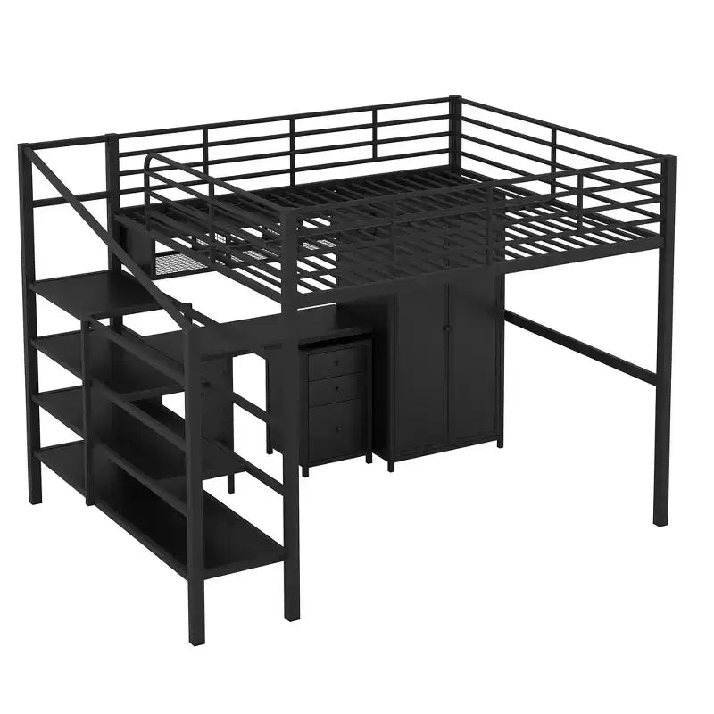 Full Size Metal Loft Bed with Desk, Wardrobe and Storage Ladder – Black
