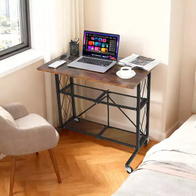 31.5-Inch Foldable Rolling Desk with 3-Tier Wire Shelf and Lockable Wheels