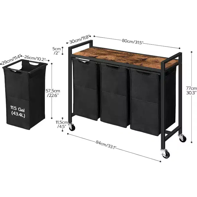 3-Section Rolling Laundry Sorter with Removable Bags and Wheels