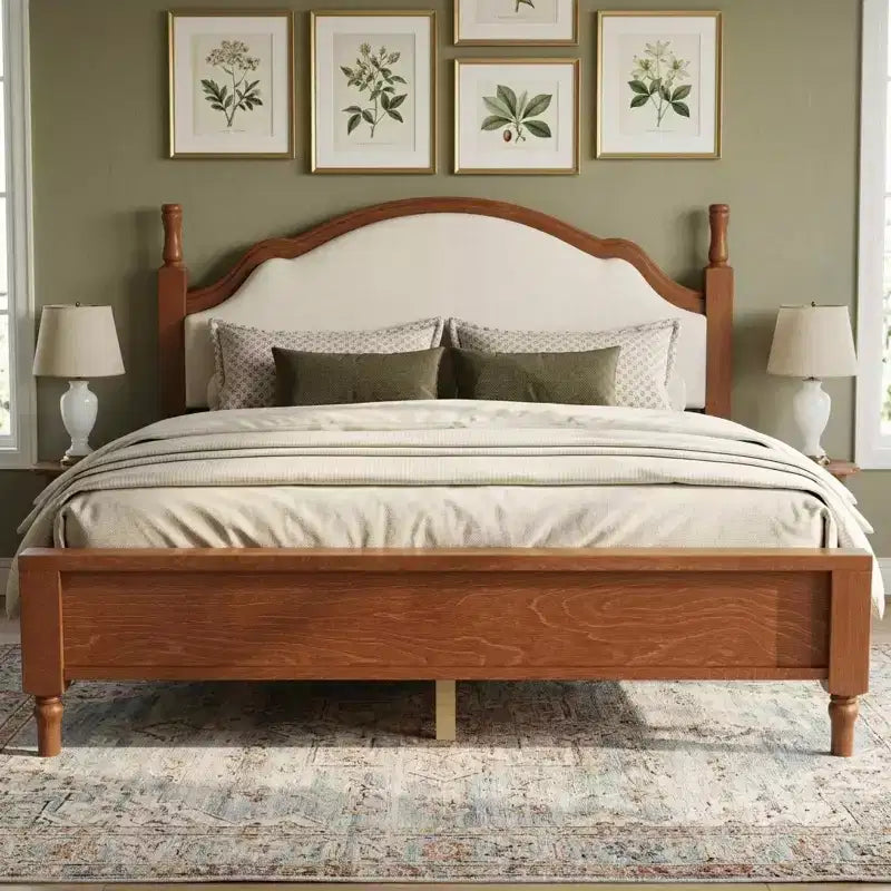 Wood Platform Bed with Upholstered Curved Headboard – King & Queen