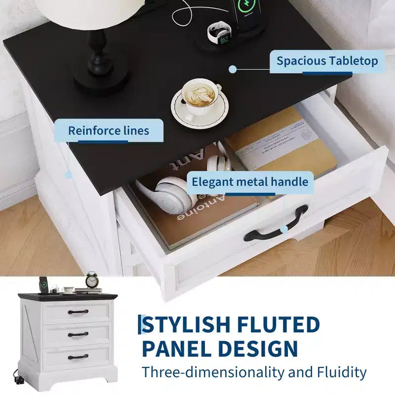 Farmhouse Nightstand with Charging Station and 3 Storage Drawers