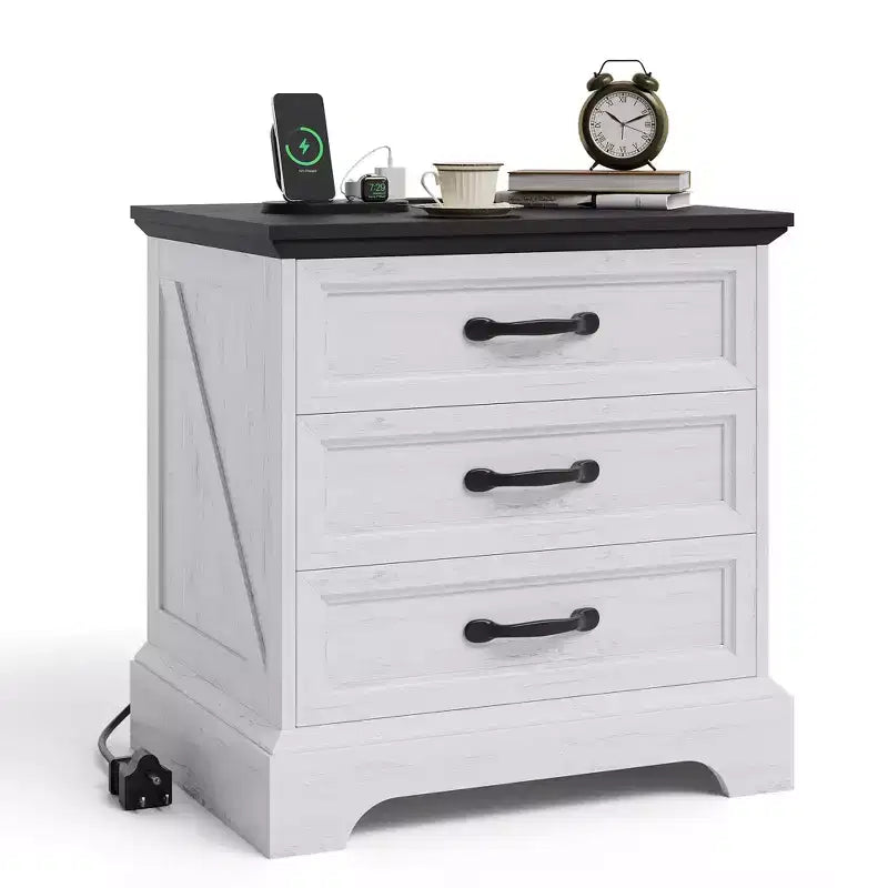 Farmhouse Nightstand with Charging Station and 3 Storage Drawers