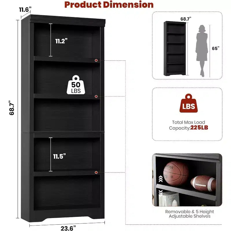 5-Tier Farmhouse Open Bookshelf with Adjustable Shelves – 23.6" Wide