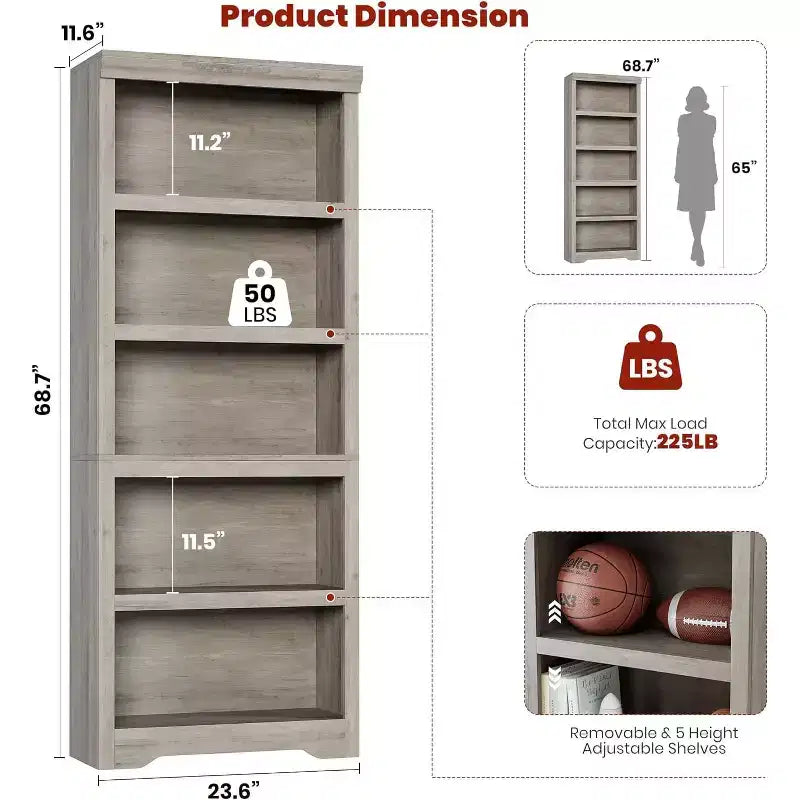 5-Tier Farmhouse Open Bookshelf with Adjustable Shelves – 23.6" Wide