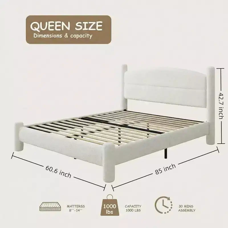 Boucle Upholstered Cloud Platform Bed Frame – No Box Spring Needed