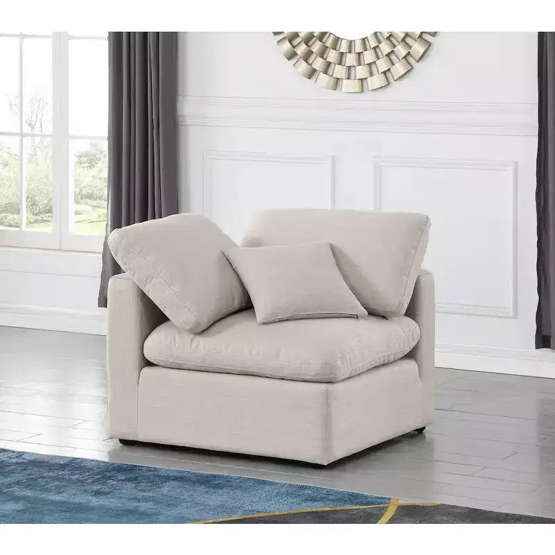 Linen Textured Fabric Corner Chair with Tufted Seat – Beige