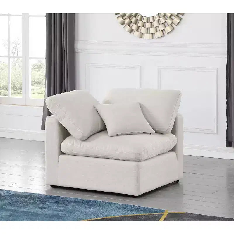 Linen Textured Fabric Corner Chair with Tufted Seat – Beige