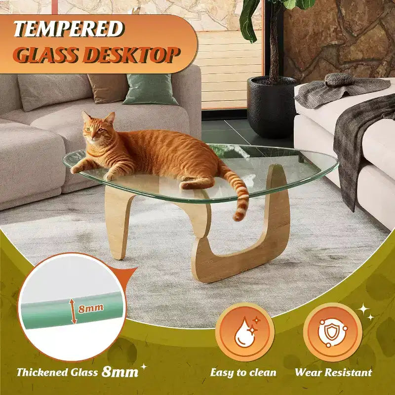 36-Inch Triangular Glass Coffee Table with Solid Wood Legs