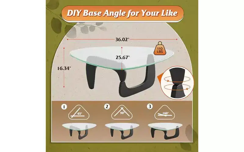 36-Inch Triangular Glass Coffee Table with Solid Wood Legs