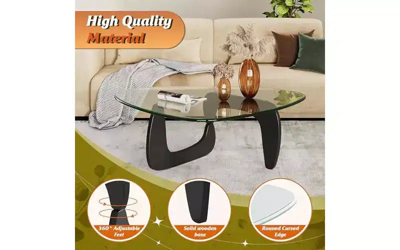 36-Inch Triangular Glass Coffee Table with Solid Wood Legs