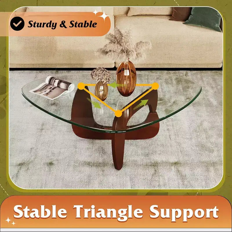 36-Inch Triangular Glass Coffee Table with Solid Wood Legs