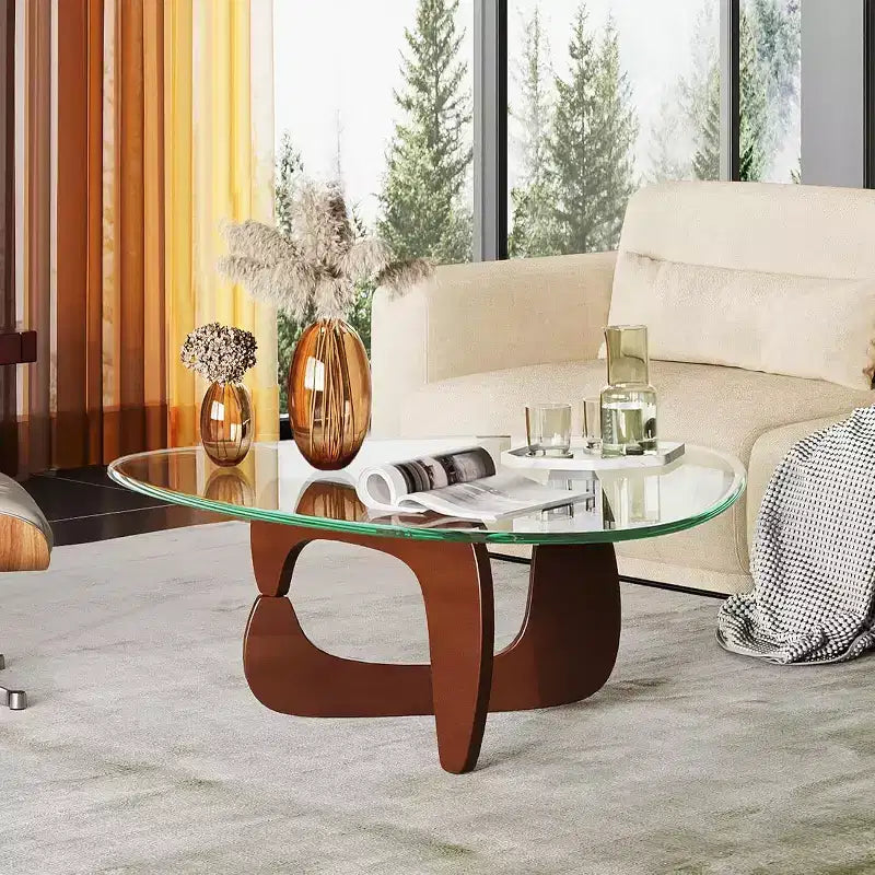 36-Inch Triangular Glass Coffee Table with Solid Wood Legs
