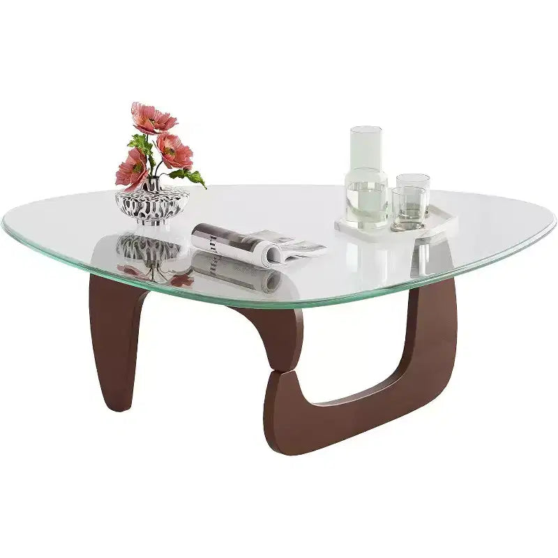 36-Inch Triangular Glass Coffee Table with Solid Wood Legs