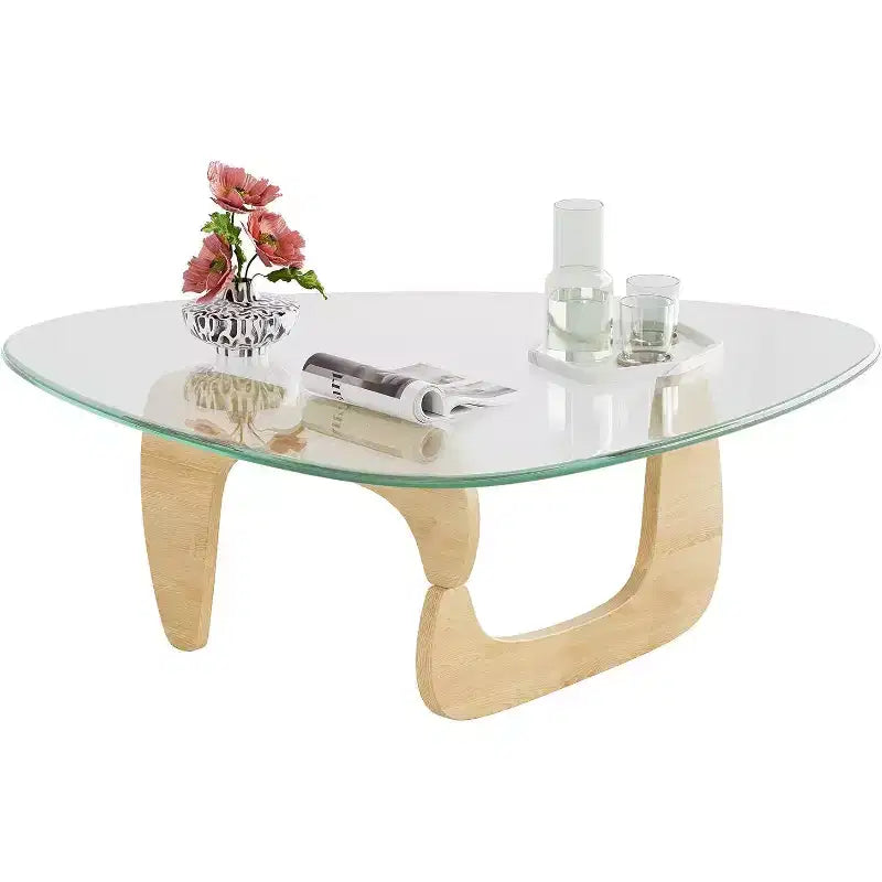 36-Inch Triangular Glass Coffee Table with Solid Wood Legs