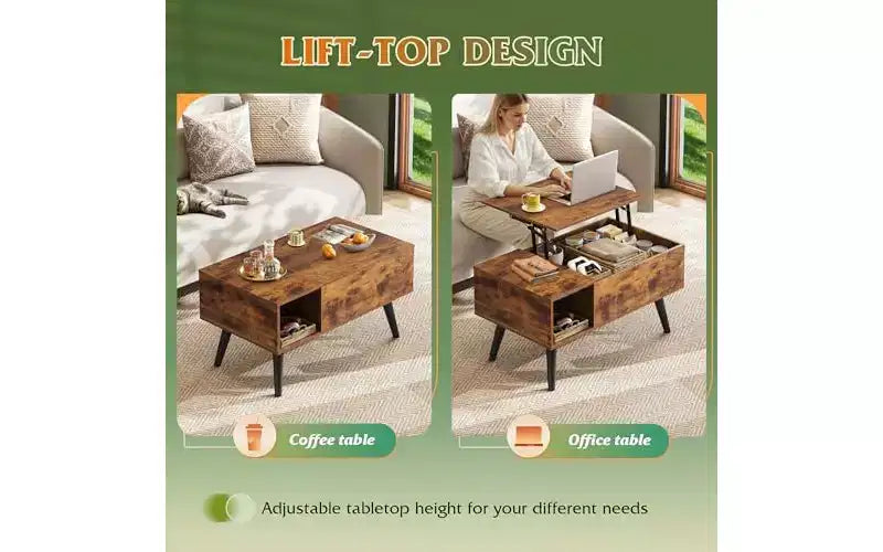 Lift-Top Coffee Table with Hidden Storage and LED Lighting