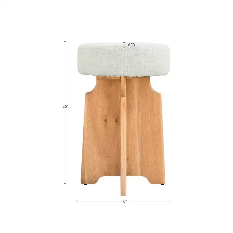 Round Cream Boucle Fabric Counter Stool – Solid White Oak, Mid-Century