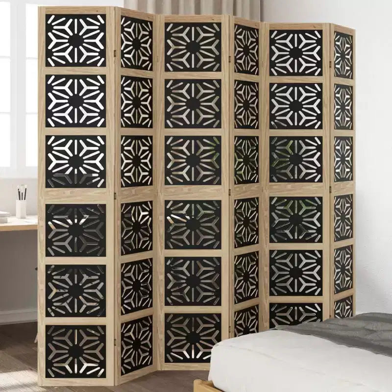6-Panel Solid Wood Room Divider – Brown and Black Paulownia