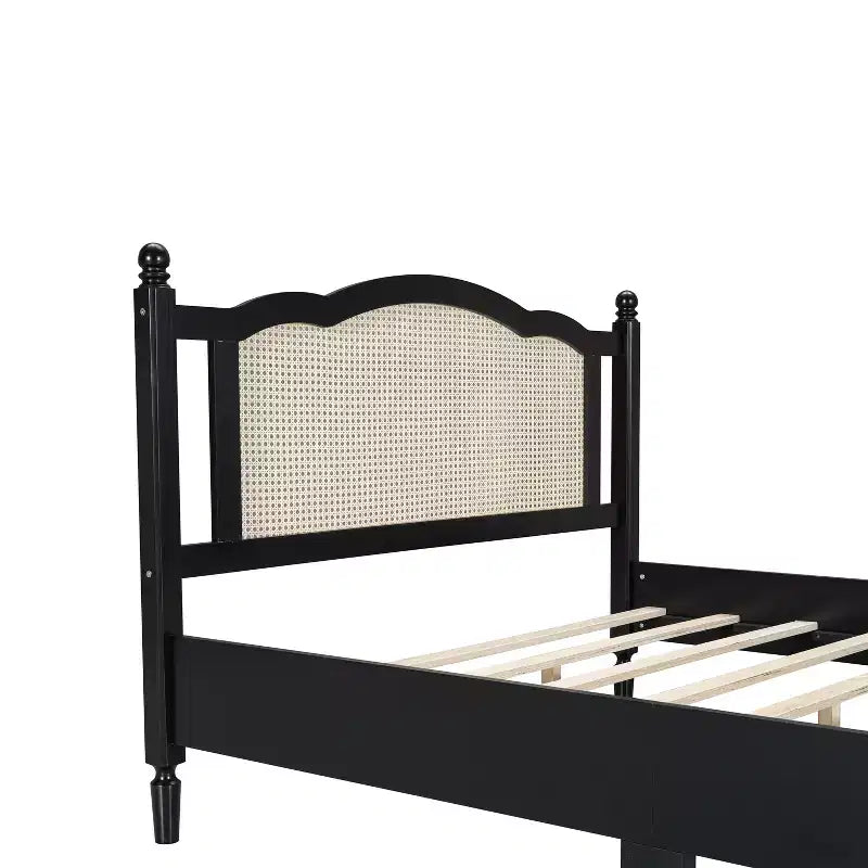 Queen Size Wooden Platform Bed with Rattan Headboard and Wood Slats