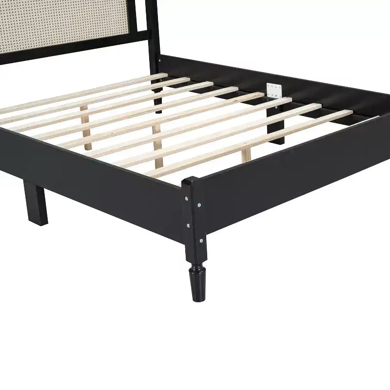 Queen Size Wooden Platform Bed with Rattan Headboard and Wood Slats