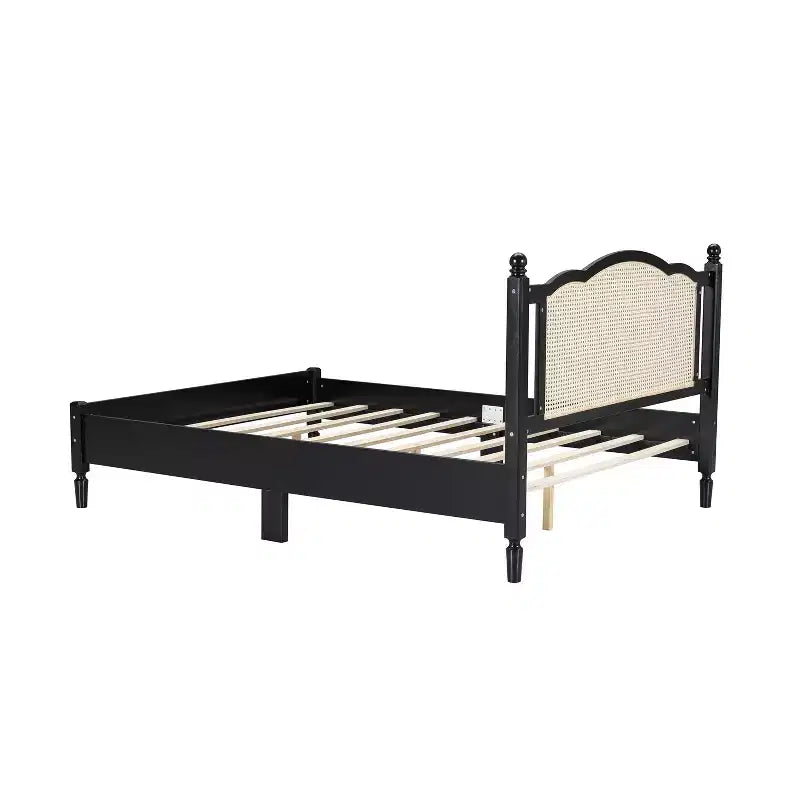 Queen Size Wooden Platform Bed with Rattan Headboard and Wood Slats