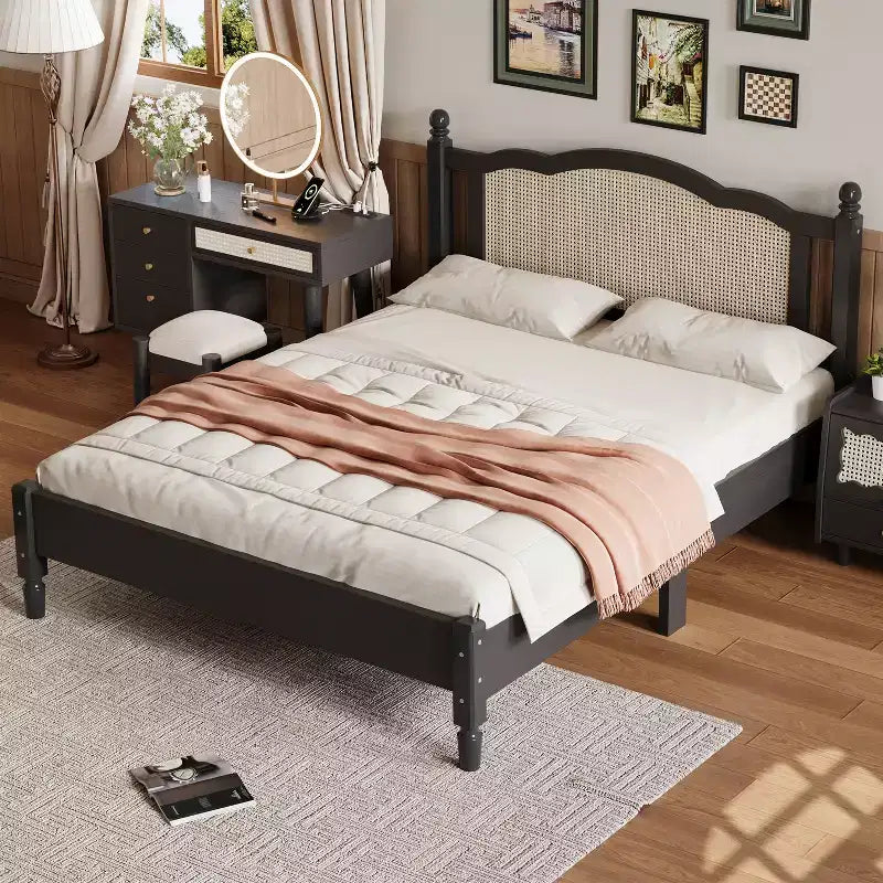 Queen Size Wooden Platform Bed with Rattan Headboard and Wood Slats