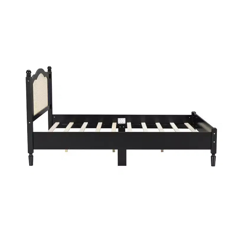 Queen Size Wooden Platform Bed with Rattan Headboard and Wood Slats