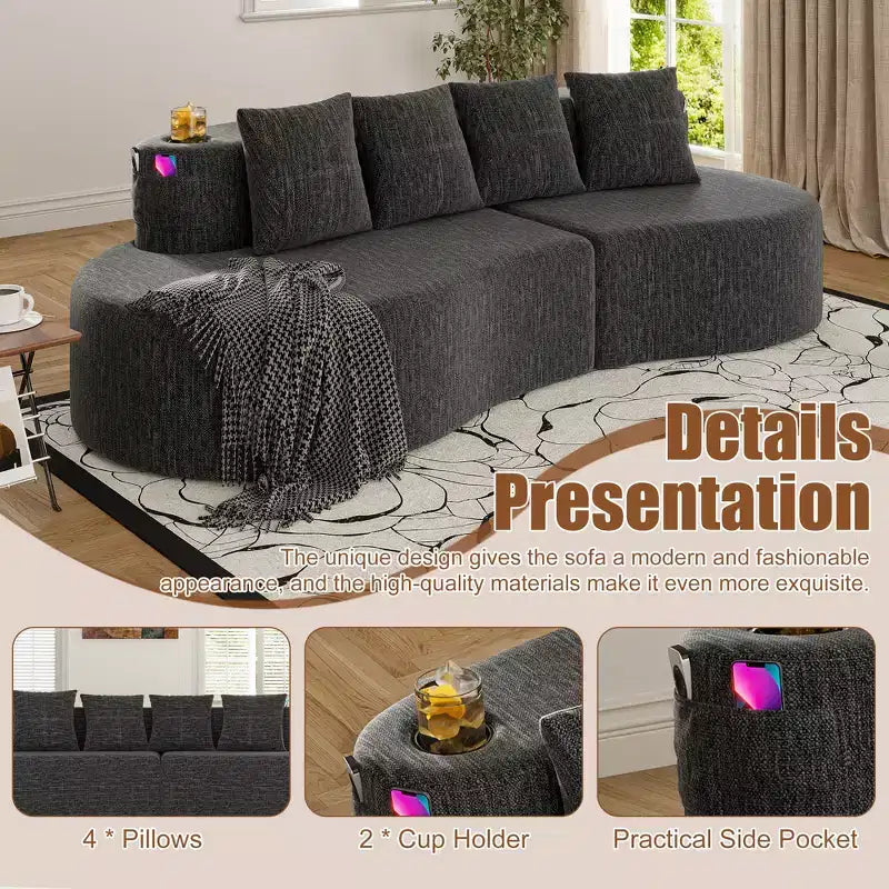 3-Seat Curved Modular Sectional Sofa with Cup Holders and Side Pocket
