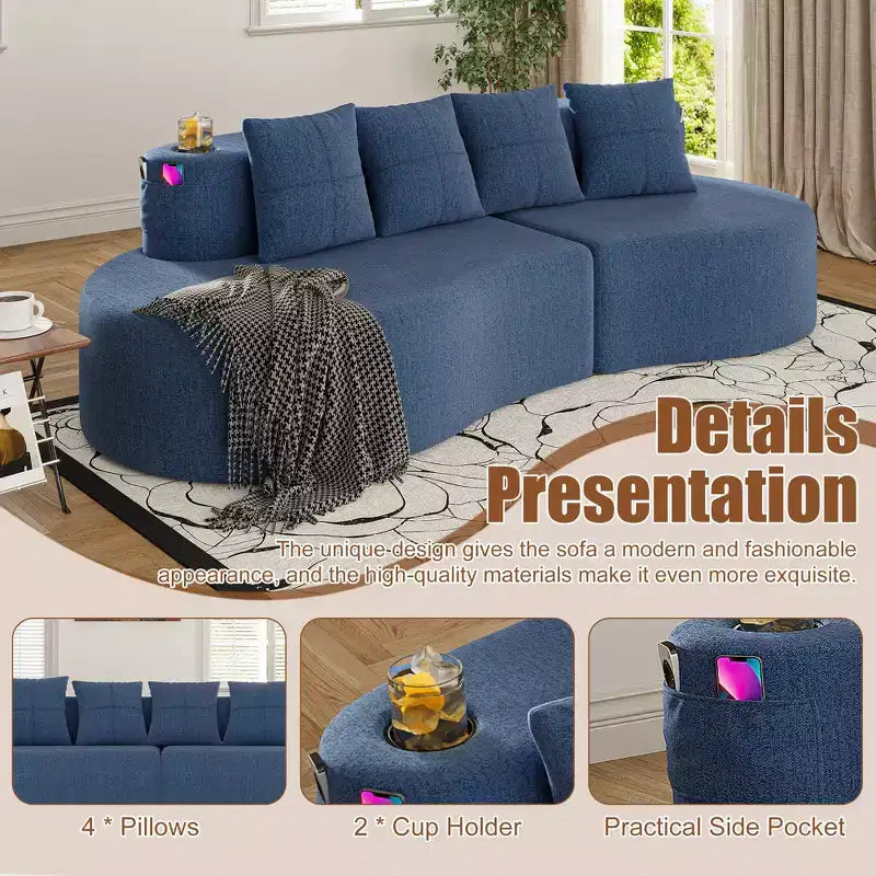3-Seat Curved Modular Sectional Sofa with Cup Holders and Side Pocket