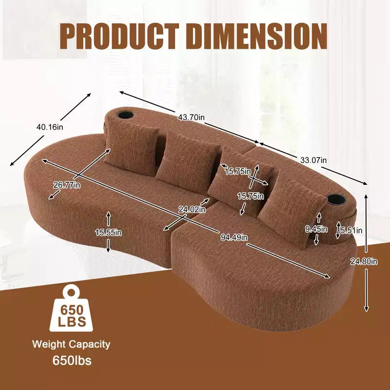 3-Seat Curved Modular Sectional Sofa with Cup Holders and Side Pocket