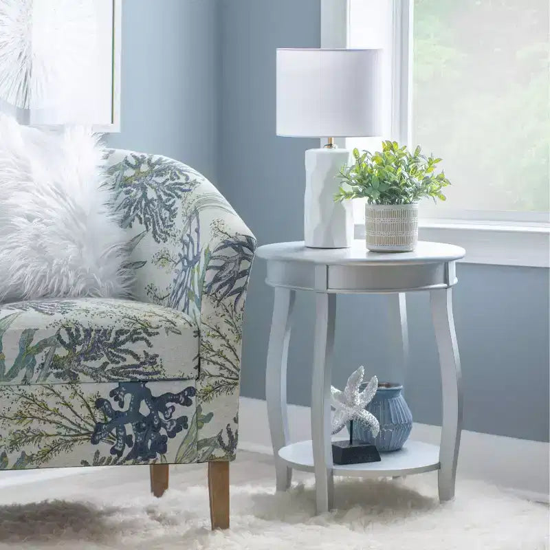 Round Accent Table with Lower Shelf – White, Pine and MDF
