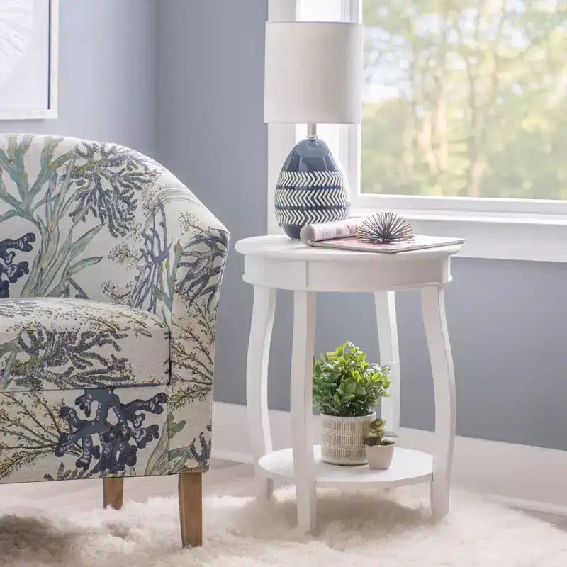 Round Accent Table with Lower Shelf – White, Pine and MDF